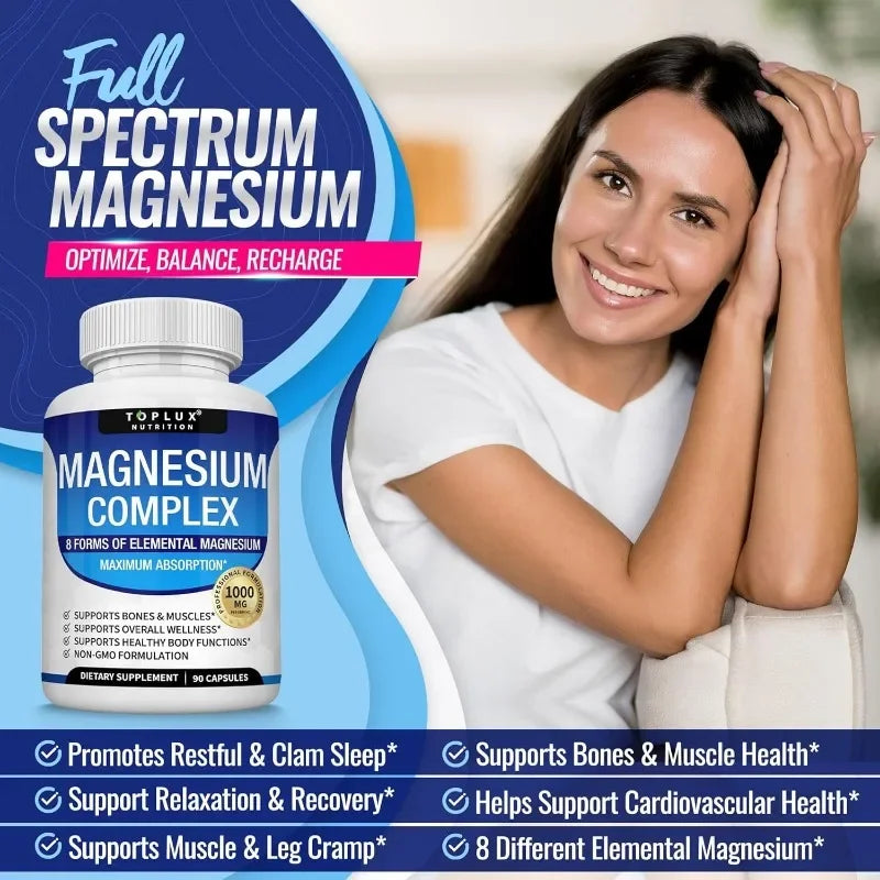 Magnesium Complex 90 Capsules - Bone, Muscle & Heart Health Supplement, Sleep Support,Muscle Relaxation,Stress & Anxiety Relief