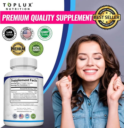 Magnesium Complex 90 Capsules - Bone, Muscle & Heart Health Supplement, Sleep Support,Muscle Relaxation,Stress & Anxiety Relief