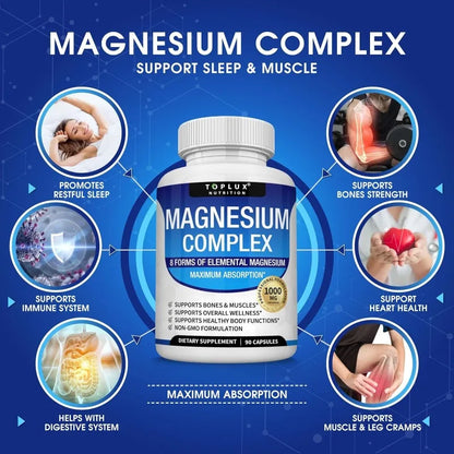 Magnesium Complex 90 Capsules - Bone, Muscle & Heart Health Supplement, Sleep Support,Muscle Relaxation,Stress & Anxiety Relief